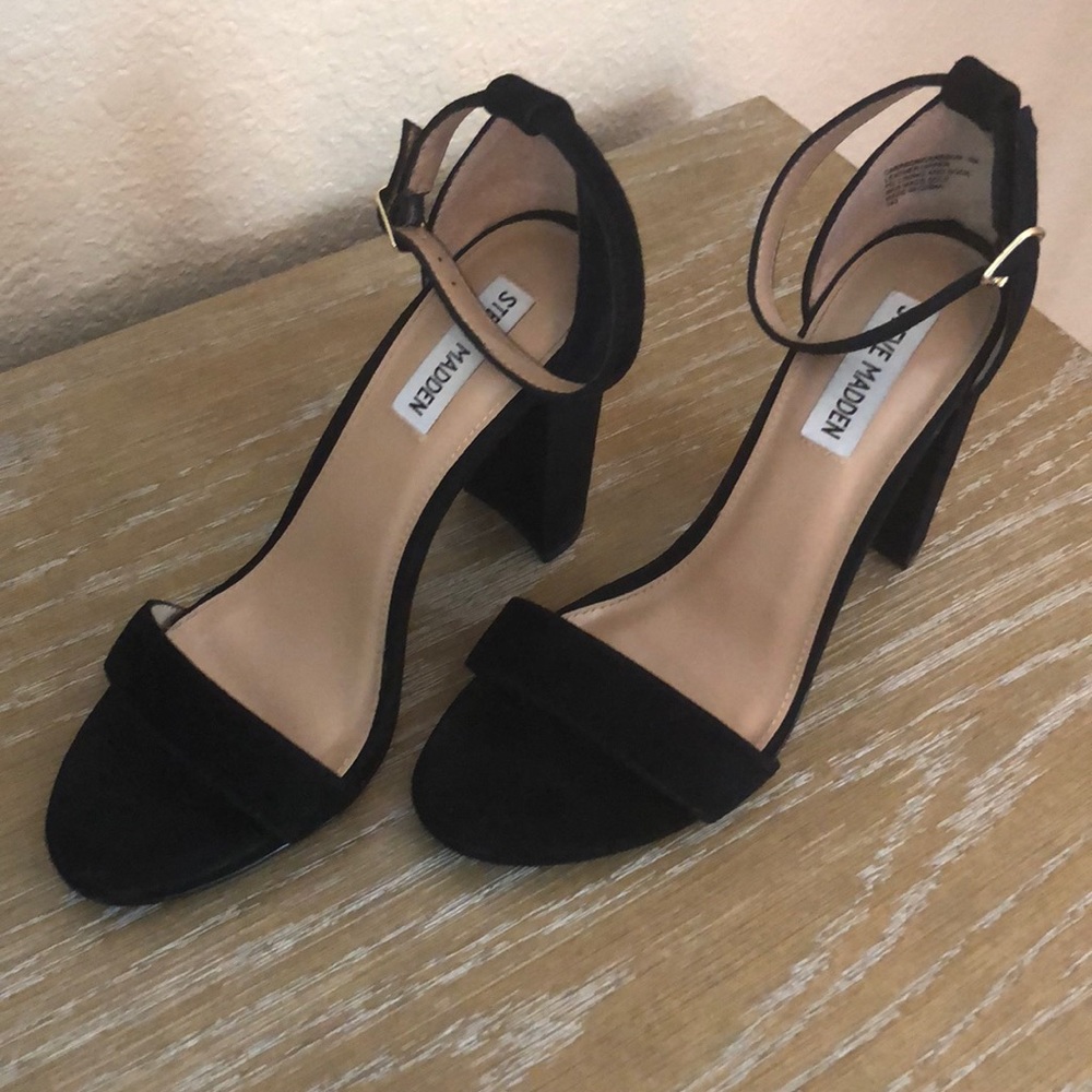 Ankle strap black suede heels